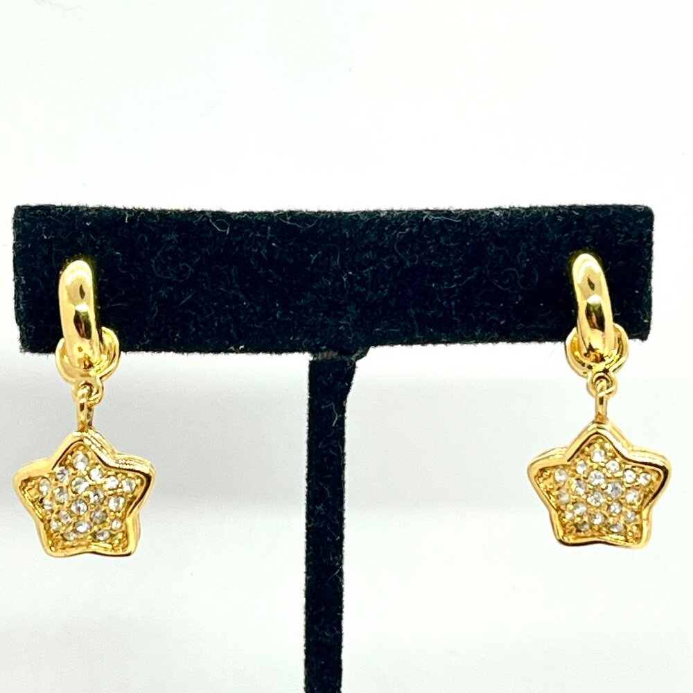 SWAROVSKI Star Drop Earrings Gold Tone Crystal Pave Pierced Dangle Charm Vintage